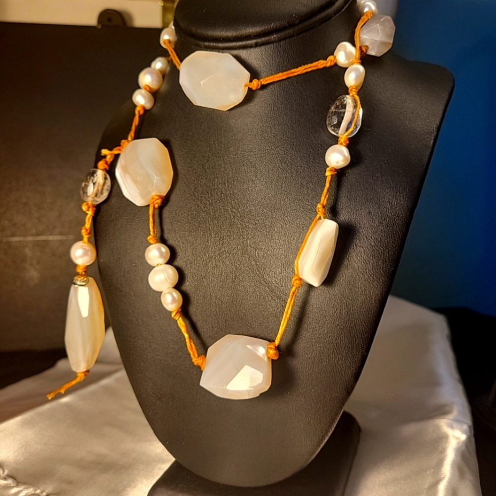 SOLD G13.Pearl Quartz &Rock Crystal Gemstone Necklace byArtisan Jewelers In2 28"